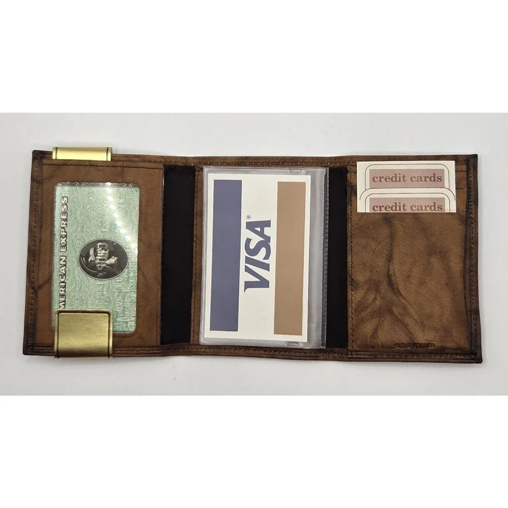 VTG NOS Men's Brown Glove Leather Trifold Wallet Multi-Window Pass Case Unused